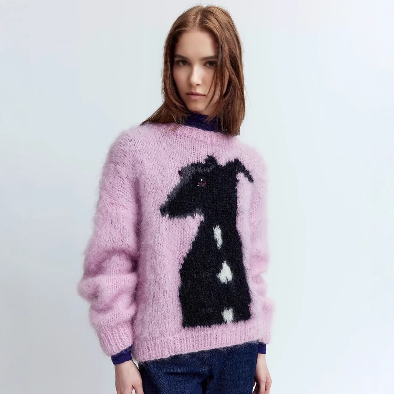 Mohair Women Knitted Sweater Round Neck Pullover Jacquard Sweater – Jacquard Sweater and Women Pullover Sweater price