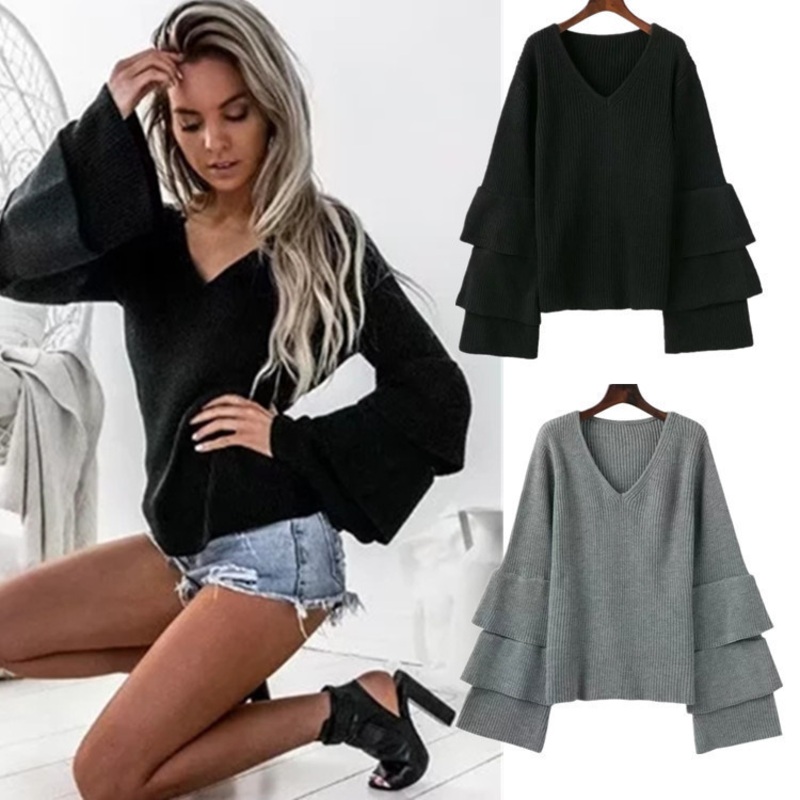 OEM Custom Solid Casual Trumpet Sleeve Loose Women Pullover Sweater – Design Sweater and Casual Knit Sweater price