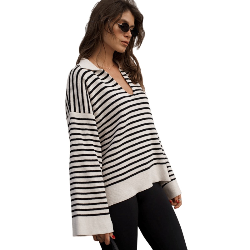 Trun Down Collar Striped Long Sleeved Casual Women Pullover Sweater – Pullover Sweater and Casual Women Sweater price