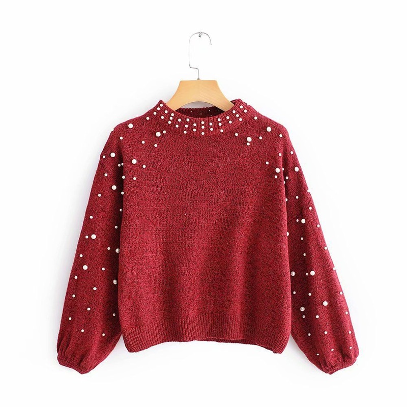 Winter Casual Lantern Sleeve Bead Short Women Pullover Knit Sweater – Autumn Winter Sweater and Casual Knit Sweater price