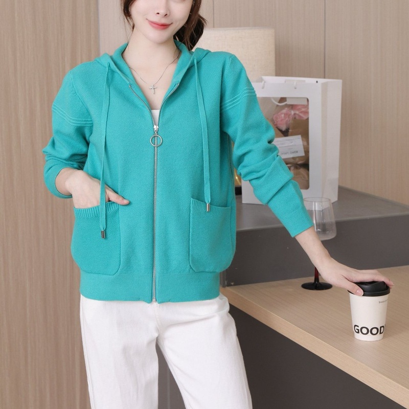 Winter Fashion Solid Knit Sweater Cardigans Women Sport Zip up Hooded Cardigan with Pockets – Women Sport Zip up Hooded Cardigan and Women Cardigan price