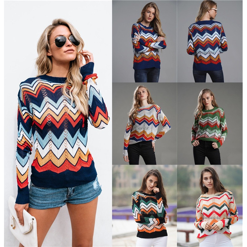 Women Fashion Casual Long Sleeve Striped Rainbow Knit Pullover Sweater – Solid Sweaters and Custom Sweaters price