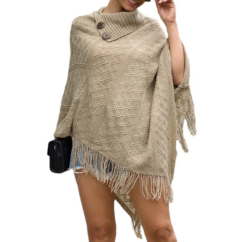 Women Turtleneck Plaid Tassel Cloak Shawl Pullover Knit Sweaters – Cloak Sweater and Loose Knit Sweater price|<span style="color:black;"><span><span><span>Color: