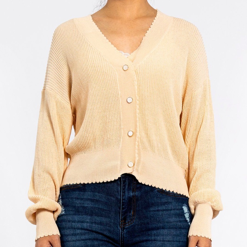 Womens Autumn Knitted V-Neck Lantern Sleeves Ruffle Lightweight Cardigan Women Tops – Cardigan in Sweater and Knitting Cardigan price