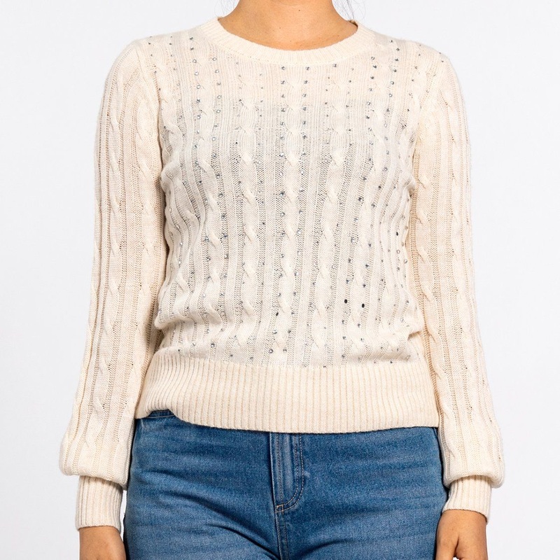 Apricot Twist Texture Hot Drill Long Sleeve Pullover Knit Top Ladies Sweater – Women Sweater and Pullover Sweater price