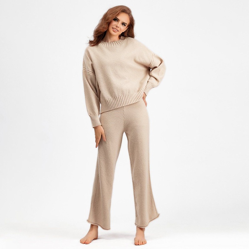 Autumn and Winter Round Neck Solid Color Knit Wide Leg Pants and Loose Sweater – Daily Clothes and Basic Garments price