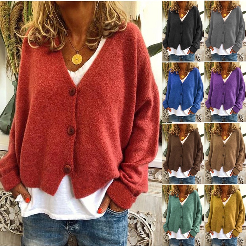 Autumn Winter Women Loose Soild Color Knitted Cardigan Sweater – Knit Cardigan and Women Sweater Coat price
