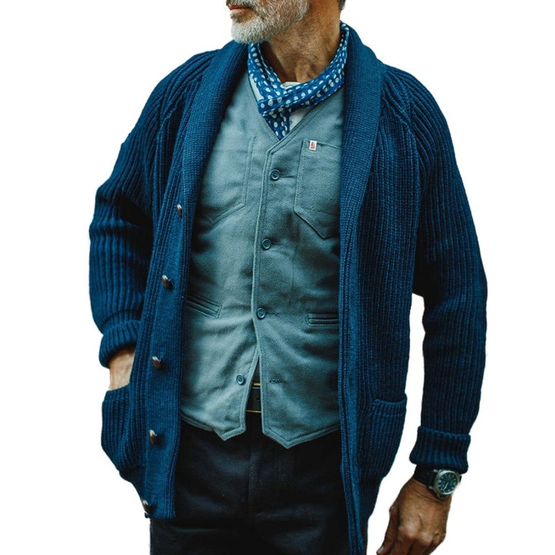 Classic Navy Cardigan Sweater for Men Featuring Distinctive Patch Details – Men Cardigan Sweater and Men Clothing price