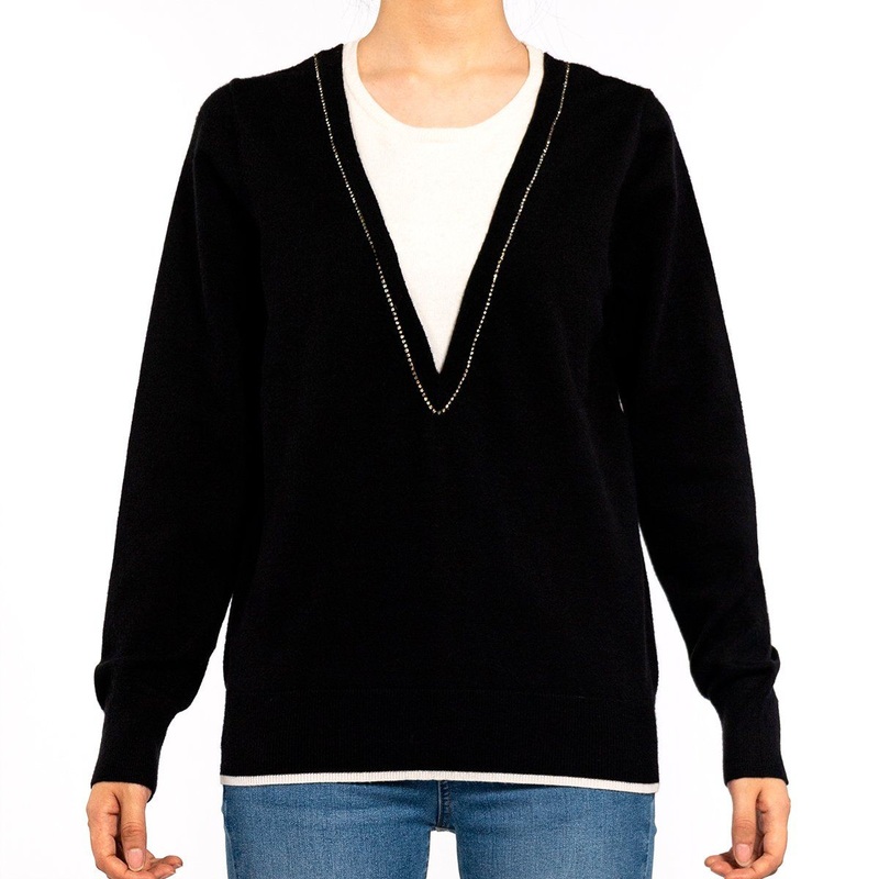 Design Splicing Black and White Rhinestone Crew Neck Fall Sweater for Women – Wholesale Sweater Women and Womens Casual Sweaters price