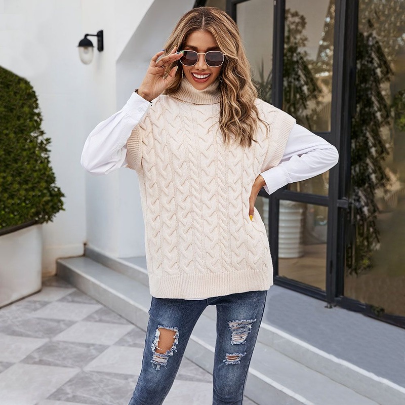 Fashionable Sleeveless Button Vest Knitted Loose Pullover Turtleneck Sweater for Women – Warn Clothes and Oversized Clothes price