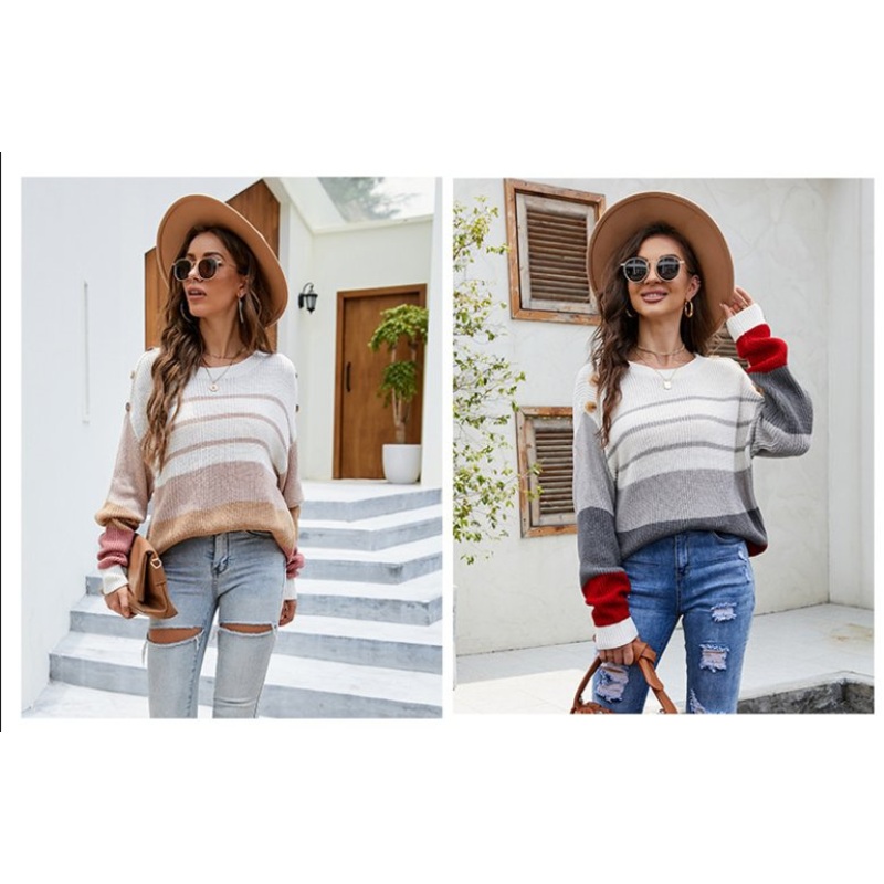 Plain Women Loose Long Sleeve Striped Knit Pullover Sweater – Striped Sweaters and Custom Knit Sweater price