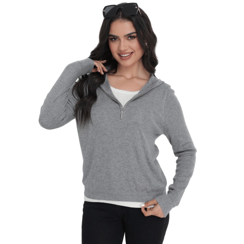 Stylish 1/4 Zip Hoodie Knit Sweater with Faux Layered Design for Women – Knitted Sweater Hoodies and 1/4 Zip Knit Sweater Hoodie price