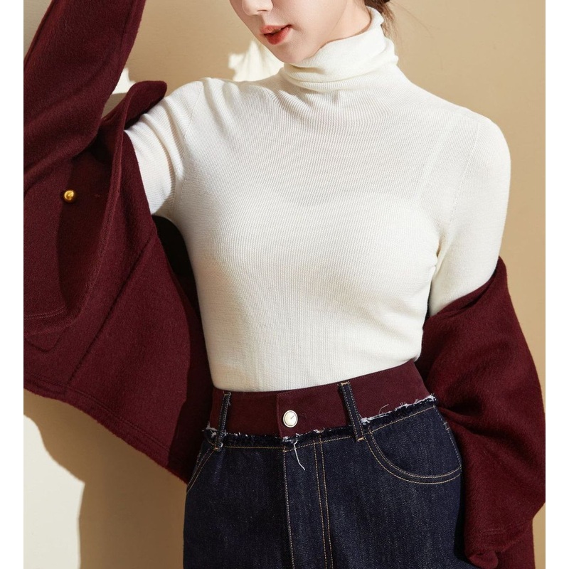 Womens Merino Wool Ribbed Turtleneck Slim-Fit Knitwear – Wool Sweater and Womens Sweater price