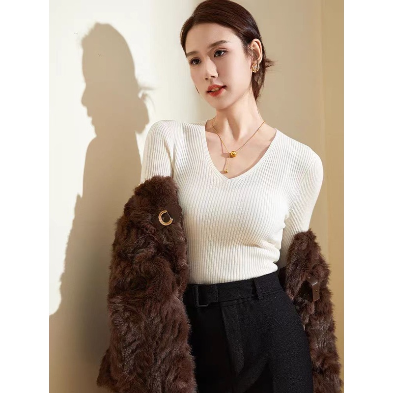 Womens V-Neck Merino Wool Pure Color Bottoming Shirt – Basic Top – Wool Sweater and Womens Sweater price